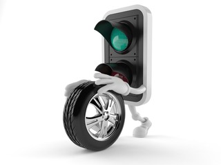 Canvas Print - Green traffic light character rolling spare wheel