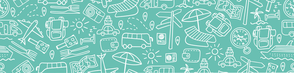 Horizontal seamless border with hand drawn travel doodles. Vacation background. Vector illustration.