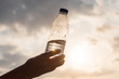 © flowertiare - Girl holding in the hand a plastic bottle with crystal clear mineral water opposite the rays of the sunset sky. Concept