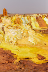 Colorful incredible abstract apocalyptic landscape like moonscape of Dallol Lake in Crater of Dallol Volcano, Danakil Depression, Ethiopia