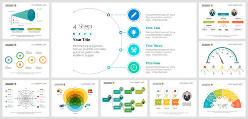 Canvas Print - Colorful statistics or logistics concept infographic charts set. Business design elements for presentation slide templates. Can be used for financial report, workflow layout and brochure design.