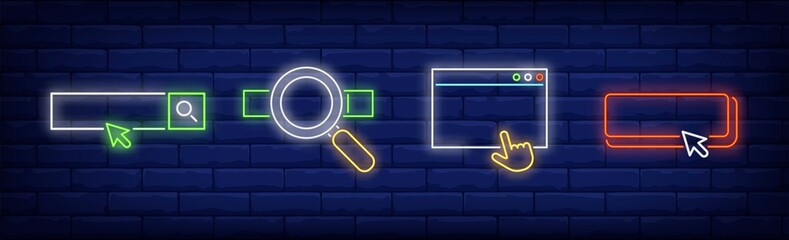 Poster - Browser interface neon sign set. Search box, cursor, window. Vector illustration in neon style, bright banner for topics like webpage, user interface, internet