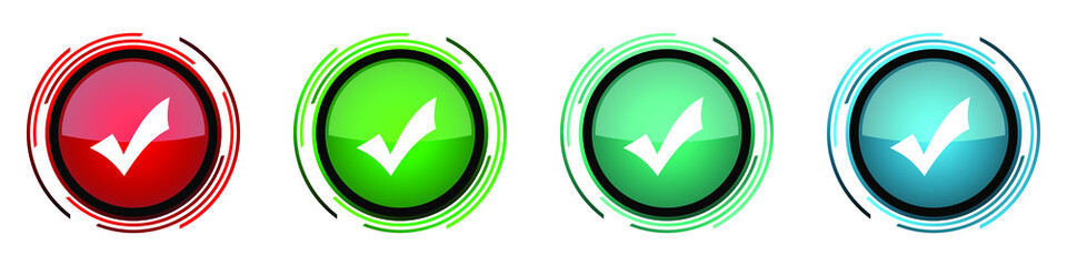 Fototapete - Accept round glossy vector icons, tick set of buttons for webdesign, internet and mobile phone applications in four colors options isolated on white background