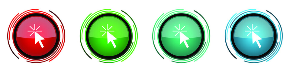 Fototapete - Click here round glossy vector icons, set of buttons for webdesign, internet and mobile phone applications in four colors options isolated on white background