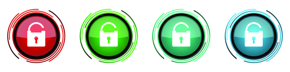Aufkleber - Padlock round glossy vector icons, security set of buttons for webdesign, internet and mobile phone applications in four colors options isolated on white background