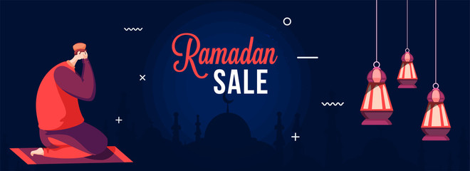 Sticker - Ramadan Sale Header or Banner Design with Muslim Man doing Prayer (Namaz) on Mat in Front of Silhouette Mosque.