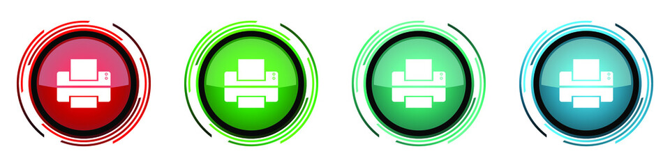 Leinwandbilder - Printer round glossy vector icons, print set of buttons for webdesign, internet and mobile phone applications in four colors options isolated on white background