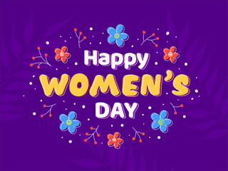 Poster - Happy Women's Day Font Decorated with Flowers and Berries on Purple Leaves Background.