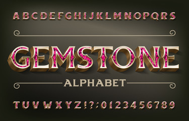 Gemstone alphabet font. 3d golden metal letters and numbers. Stock vector typeset for your design.