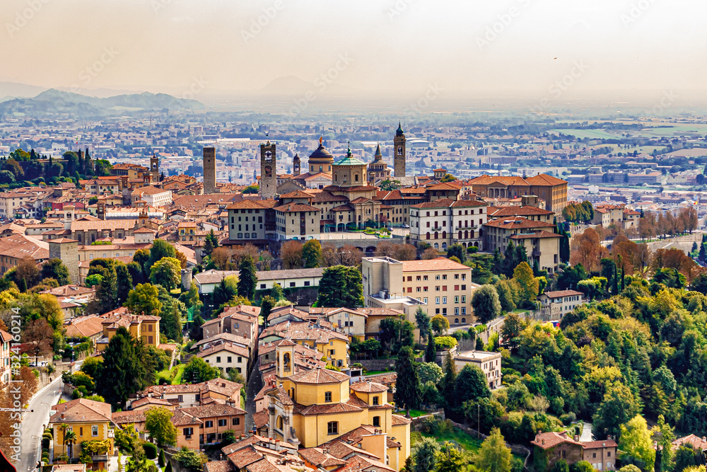 Panoramic veiw on Upper old city (Citta Alta) in Bergamo with historic buildings.  - obrazy, fototapety, plakaty 
