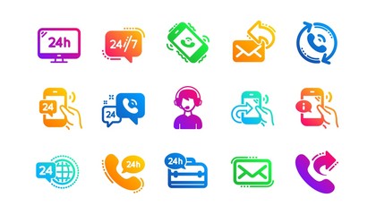 Wall Mural - Call center, Support and Chat message. Processing icons. 24 hour service classic icon set Gradient patterns. Quality signs set. Vector