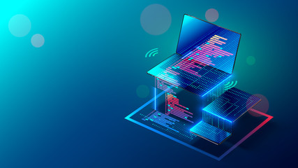 Leinwandbilder - Programming, testing app on different devices. Creation software and coding internet pages for laptop, tablet, phone. Isometric. Development responsive web applications. Code of mobile website.