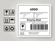 © artempo - Shipment label template. Cargo sticker. Delivery bar code mockup. Fragile, handle, recycle icon. Information about company recipient. Priority mail with barcode mock up. Vector illustration
