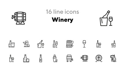 Winery icons. Set of line icons on white background. Wine bottle, barrel, beer. Alcohol concept. Vector illustration can be used for topics like bar, drinks, winemaking