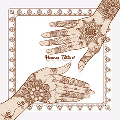 Wall Mural - Female hands with traditional indian henna tattoo. Template for tottoo salon banner, wedding invitation, gift voucher, label. Vector illustration.