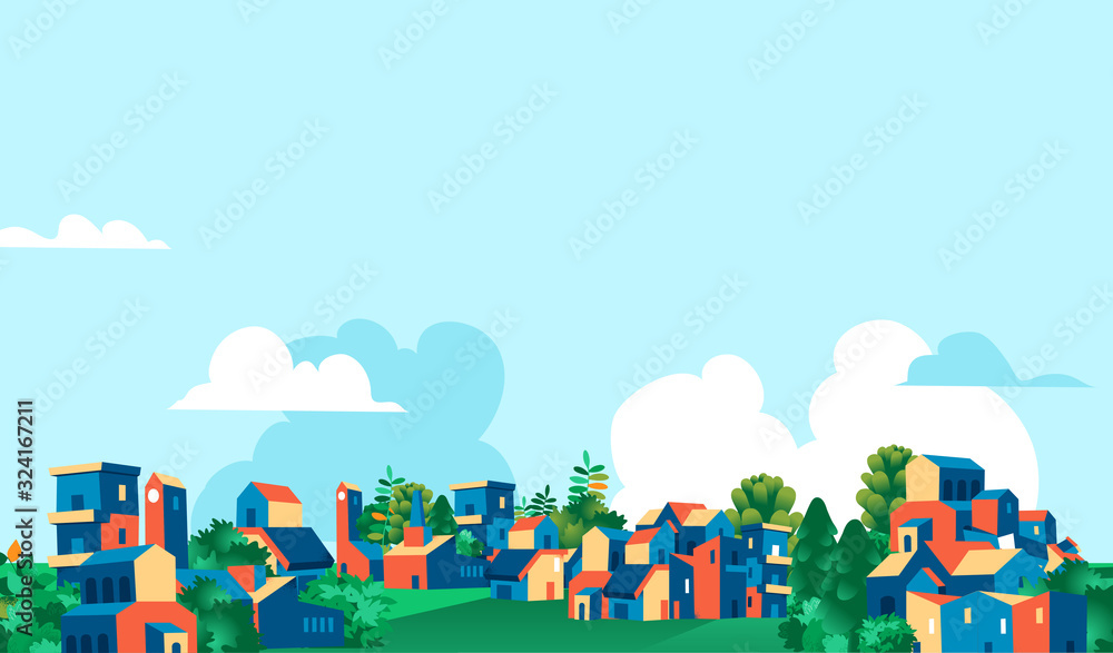 Panoramica città, villaggio con case e alberi verdi, sfondo cielo blu con nuvole - Illustrazione vettoriale - obrazy, fototapety, plakaty 