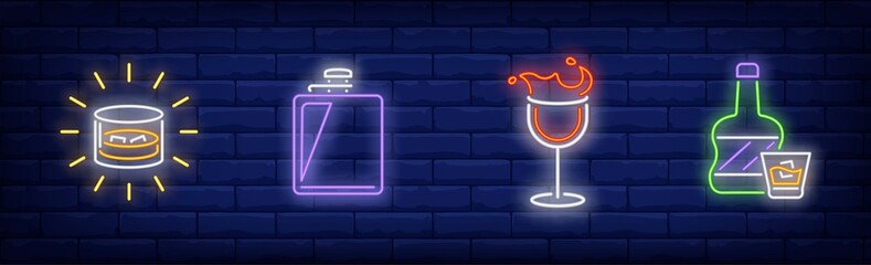 Canvas Print - Alcoholic beverages neon sign set. Bottle, wineglass, soda, flask. Vector illustration in neon style, bright banner for topics like celebration, bar, party