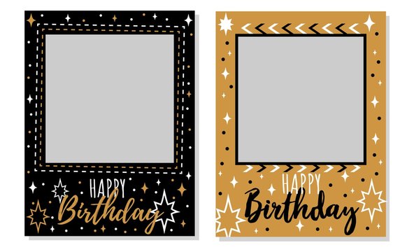 Wall Mural - Happy birthday black and gold photo frames set vector illustration. Album templates for memory of celebration cartoon design. Festive party concept