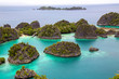 A beautiful lagoon is surrounded by limestone islands in Raja Ampat, West Papua, Indonesia.