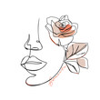 Trendy abstract one line woman face with rose flower and lettering. Fashion typography slogan design 