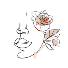 Trendy Abstract One Line Woman Face With Rose Flower And Lettering. Fashion Typography Slogan Design "forever" Sign. Continuous Line Print For Textile, Poster, Card, T-shirt Etc. Vector Illustration.