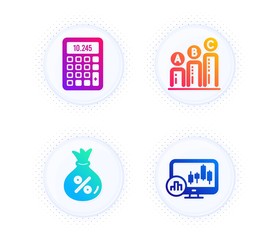 Wall Mural - Loan, Graph chart and Calculator icons simple set. Button with halftone dots. Candlestick chart sign. Money bag, Growth report, Accounting device. Report analysis. Finance set. Vector