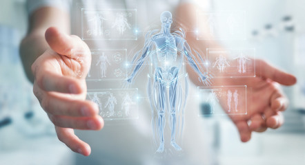 Leinwandbilder - Man using digital x-ray human body holographic scan projection 3D rendering