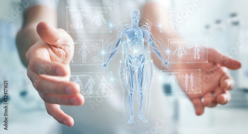 Fotografía Man using digital x-ray human body holographic scan projection 3D rendering