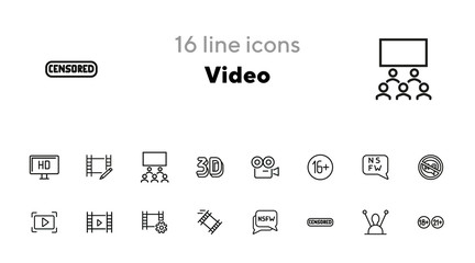 Video line icon set. Set of line icons on white background. Blogging concept. Camera, play, button, chat. Vector illustration can be used for topics like video, blogging, creating