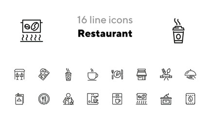 Restaurant icons. Set of line icons on white background. Menu, coffee maker, course, client. Cafe concept. Vector illustration can be used for topics like food, catering, service