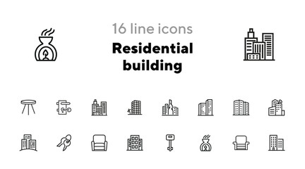 Residential building icons. Set of line icons. Key, residential district, cityscape. Housing development. Vector illustration can be used for topics like mortgage, rent, construction