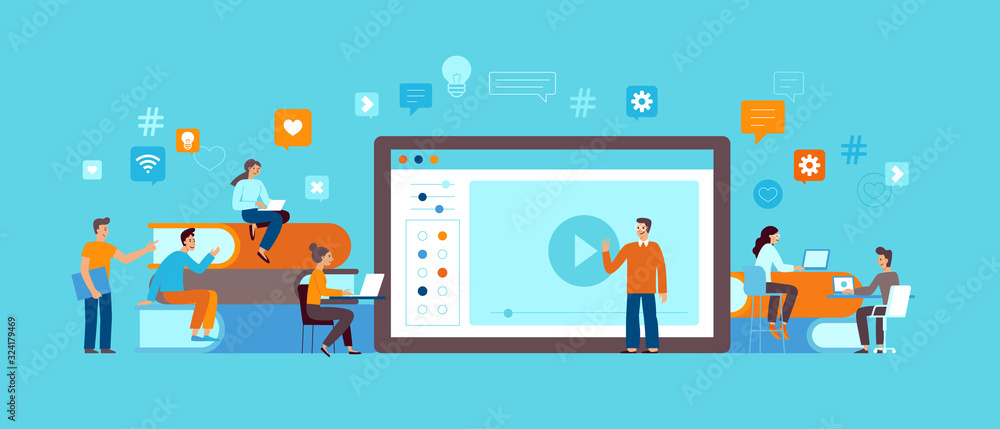 Vector illustration in flat simple style with characters - online education concept - students studying and learning using online platform and video course - obrazy, fototapety, plakaty 