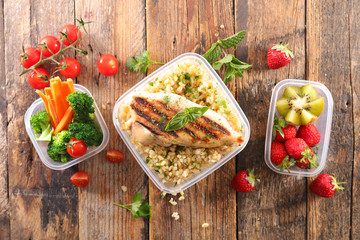 Sticker - lunch box- chicken, barley grain, vegetable and fruit- healthy food