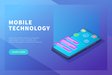 Wall Mural - mobile technology concept with smartphone and apps icon for website template or landing homepage