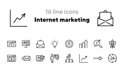 Internet marketing line icon set. E-mail, development, strategy. Management concept. Can be used for topics like business, networking, promotion