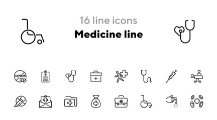Medicine line icons. Set of line icons on white background. Healthcare concept. Ambulance, syringe, danger. Can be used for topics like pharmacy, medicine, hospital