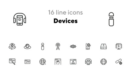 Poster - Devices line icon set. Set of line icons on white background. Globe, internet, gadget. Technology concept. Vector illustration can be used for topics like connection, progress