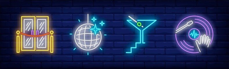 Wall Mural - Club neon signs set. Bar, DJ, open ceremony, disco light. Vector illustration in neon style, bright banner for topics like party, nightclub, entertainment
