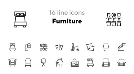 Furniture line icon set. Set of line icons on white background. Lamp, stair, chair, bed. Interior concept. Vector illustration can be used for household, interior, design