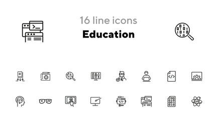 Education line icon set. Set of line icons on white background. Notebook, internet, studying. Self-education concept. Vector illustration can be used for topics like technology, devices, modern life