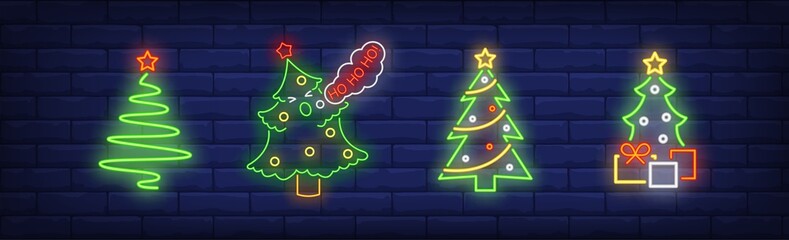 Wall Mural - Xmas tree neon sign set. New Year, Christmas, garland. Night bright advertisement. Vector illustration in neon style for banner, billboard