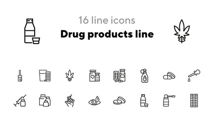 Drug products line icons. Set of line icons on white background. Aid, syringe, pills. Medicine concept. Can be used for topics like pharmacy, medicine, hospital