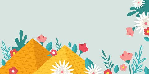 Jewish Passover holiday,Pesah celebration concept. Jewish banner with Egypt pyramids as a sign for Jew exodus from Egypt and spring flowers. vector illustration