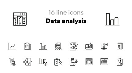 Data analysis icons. Set of line icons on white background. Data, analytics, report. Work concept. Vector illustration can be used for topics like management, project, office
