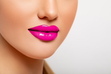 beauty fashion portrait girl with colorful lipstick on sexy lips. beauty girl face lips close up. pi