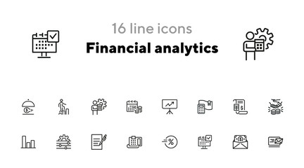 Sticker - Financial analytics line icon set. Presentation, calculator, invoice. Business concept. Can be used for topics like loan, banking, dealing