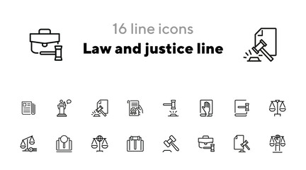 Law and justice line icons. Set of line icons on white background. Law concept. Gavel, rule, courtroom. Can be used for topics like judgement, law, government