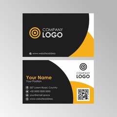 Simple abstract yellow and black business card with qr code design, professional name card template vector
