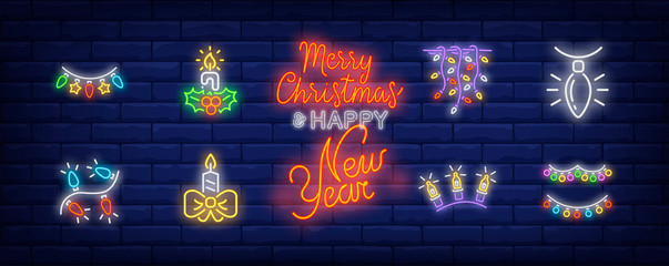 Wall Mural - New Year decor neon sign set with fairy lights, garland, strands. Vector illustration in neon style, bright banner for topics like Xmas, Christmas, decoration