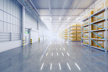 Warehouse or industry building interior. known as distribution center, retail warehouse. Part of storage and shipping system. Included box package on shelf, empty space and concrete floor. 3d render.